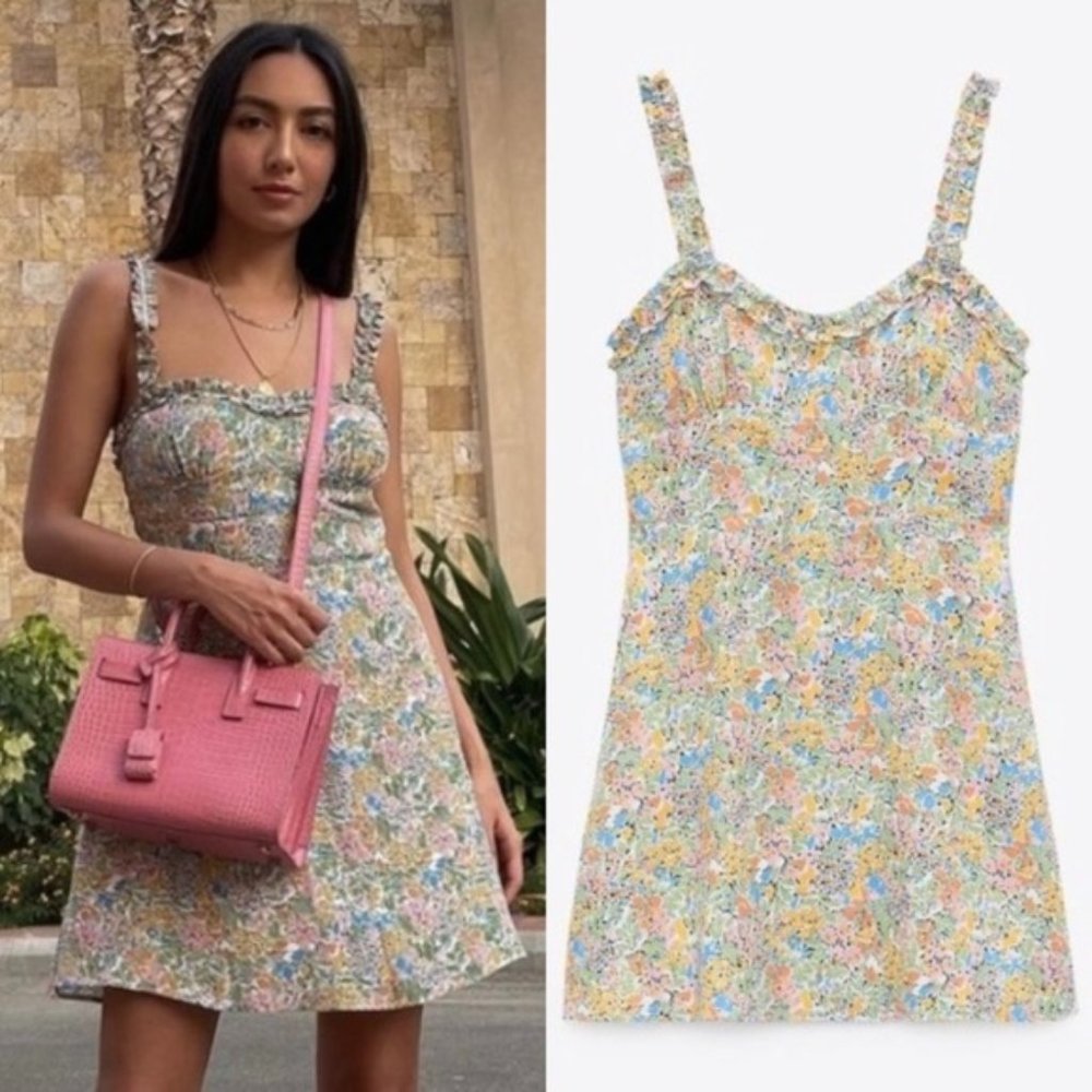 Zara Floral Print V-Neck Pleat Detail Dress